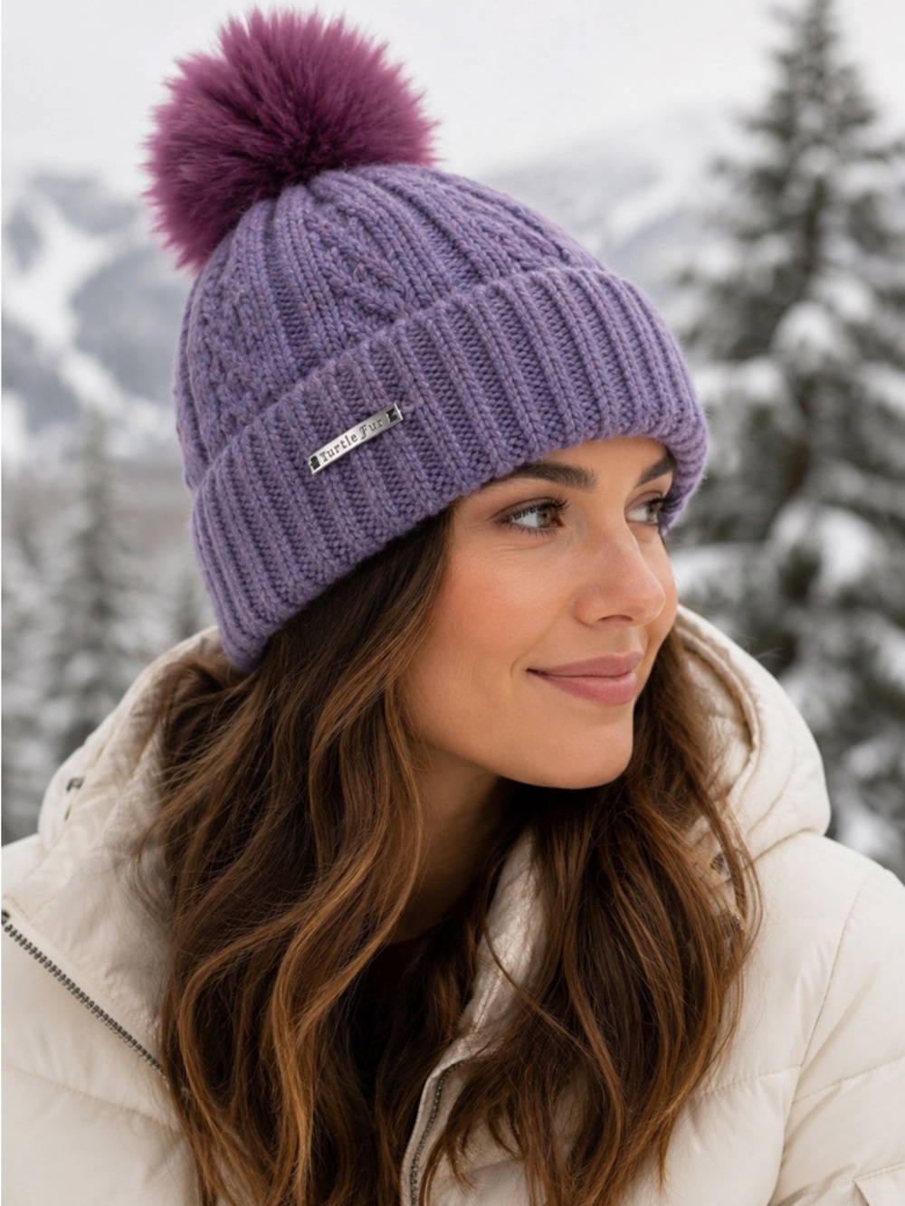 Turtle Fur Lindsay Recycled Cable Knit Pom Beanie Amethyst Purple